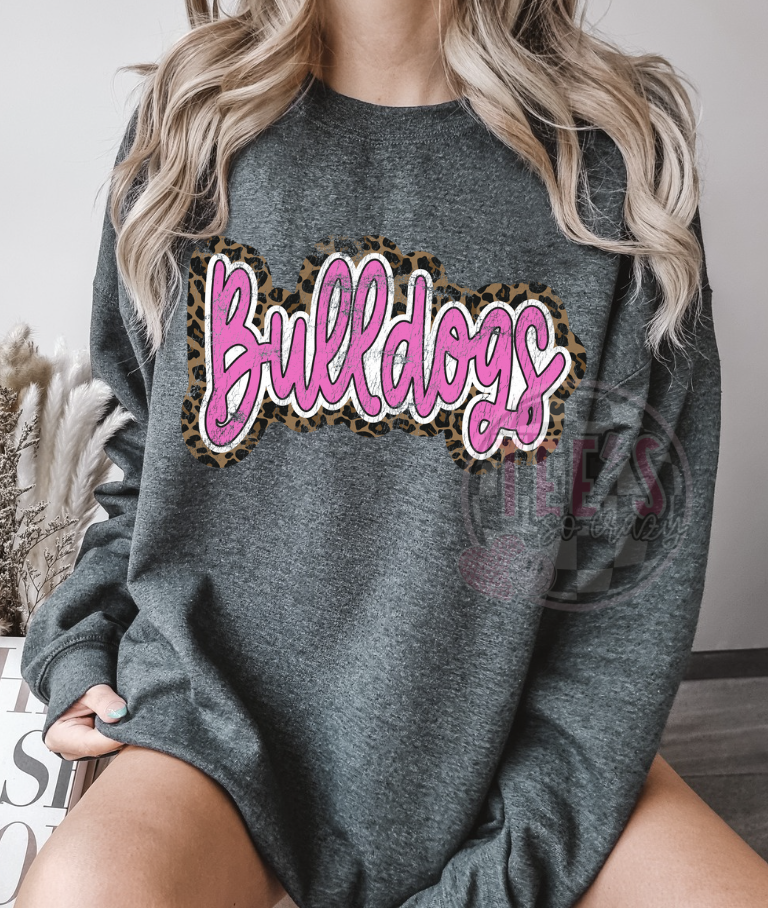 Bulldogs pink & leopard distressed-Crewneck