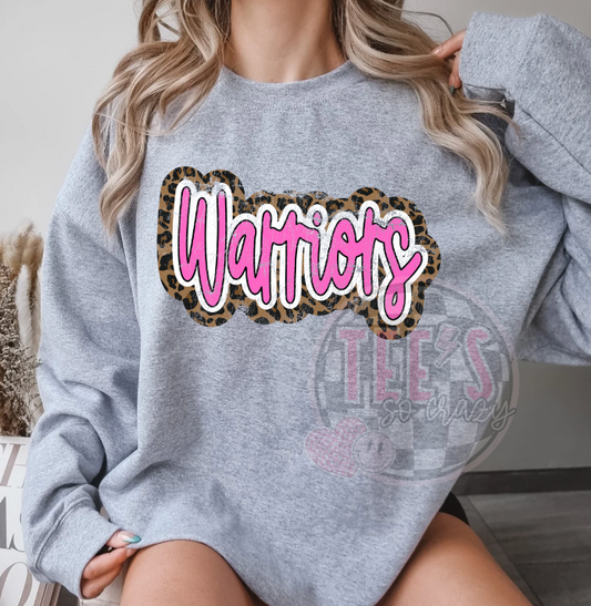 Warriors pink & leopard distressed-Crewneck